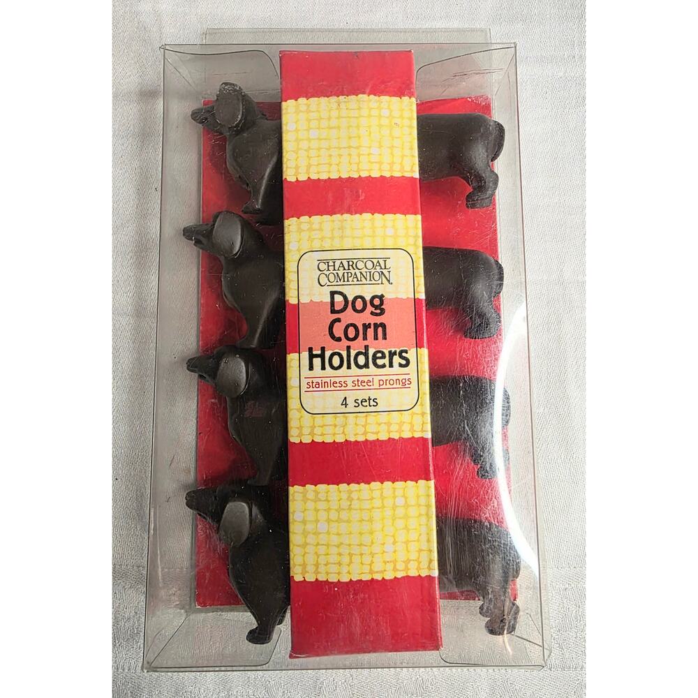 Set of 4 Charcoal Companion Dog Corn Holders Stainless Steel Prongs In Orig. Box